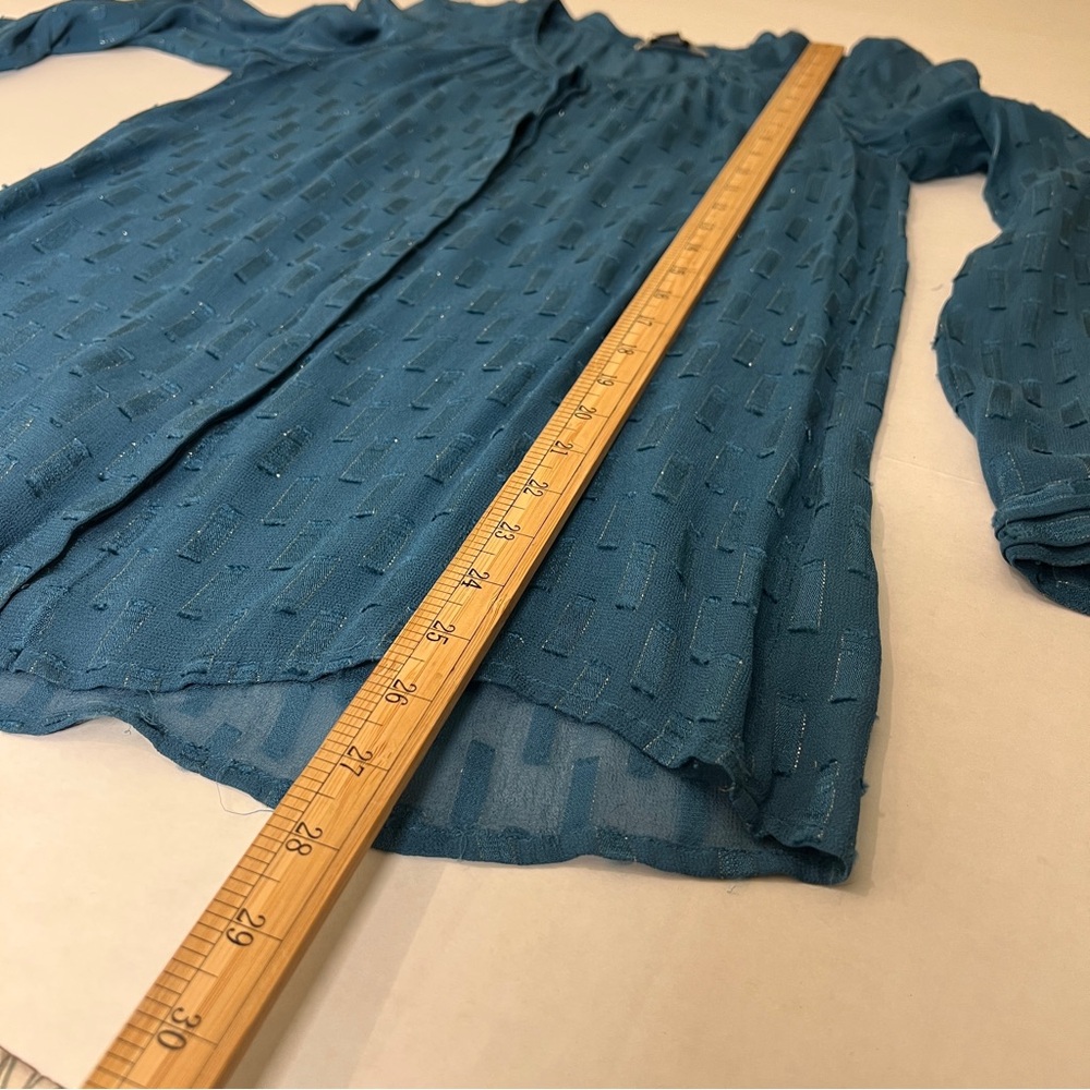Lucky Brand Sheer Teal Patterned Blouse Metallic Accents Small - Picture 9 of 11